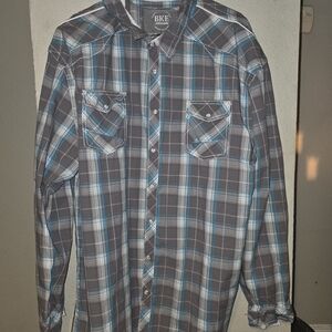 BKE Men's Casual Blue and Gray Plaid Shirt